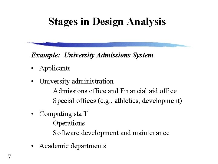 Stages in Design Analysis Example: University Admissions System • Applicants • University administration Admissions