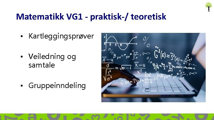 Matematikk VG 1 - praktisk-/ teoretisk • Kartleggingsprøver • Veiledning og samtale • Gruppeinndeling