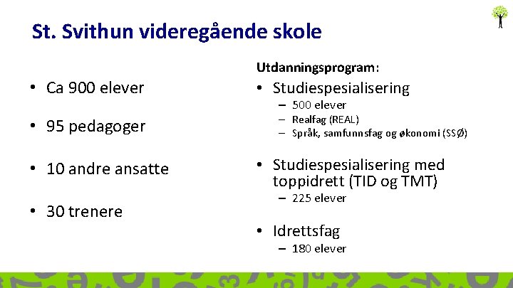St. Svithun videregående skole Utdanningsprogram: • Ca 900 elever • 95 pedagoger • 10