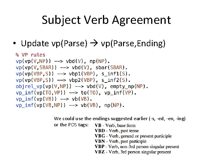 Subject Verb Agreement • Update vp(Parse) vp(Parse, Ending) We could use the endings suggested