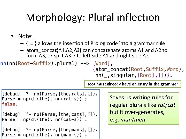Morphology: Plural inflection • Note: – { … } allows the insertion of Prolog