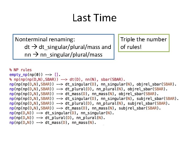 Last Time Nonterminal renaming: dt dt_singular/plural/mass and nn nn_singular/plural/mass Triple the number of rules!