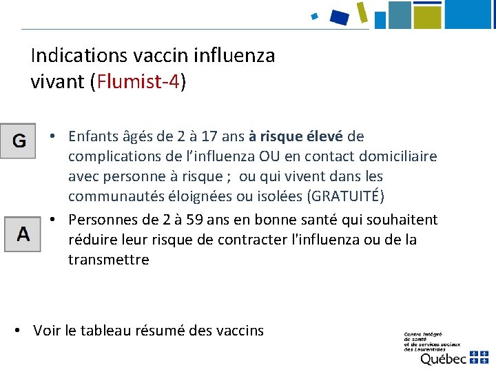 Indications vaccin influenza vivant (Flumist-4) • Enfants âgés de 2 à 17 ans à