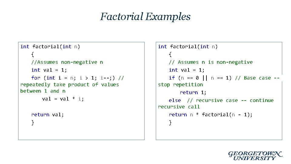 Factorial Examples int factorial(int n) { //Assumes non-negative n int val = 1; for