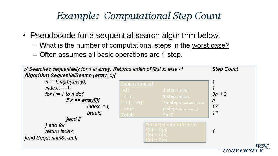 Example: Computational Step Count • Pseudocode for a sequential search algorithm below. – What