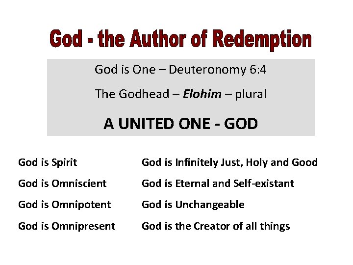 God is One – Deuteronomy 6: 4 The Godhead – Elohim – plural A