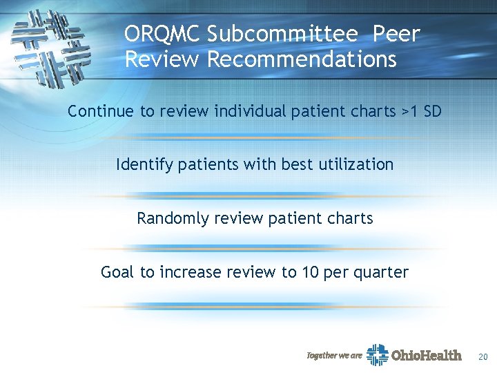 ORQMC Subcommittee Peer Review Recommendations Continue to review individual patient charts >1 SD Identify