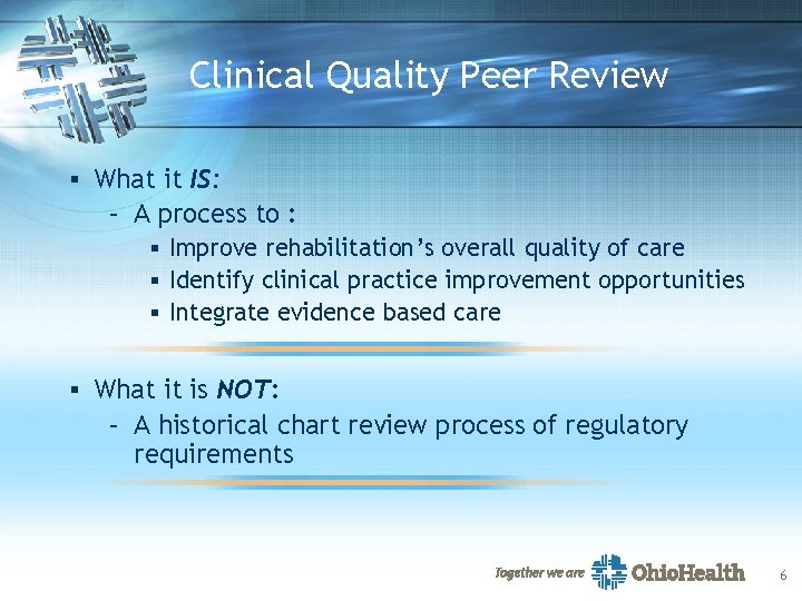 Clinical Quality Peer Review § What it IS: – A process to : §