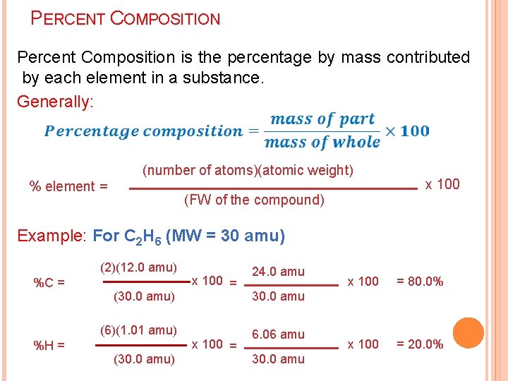 PERCENT COMPOSITION Percent Composition is the percentage by mass contributed by each element in