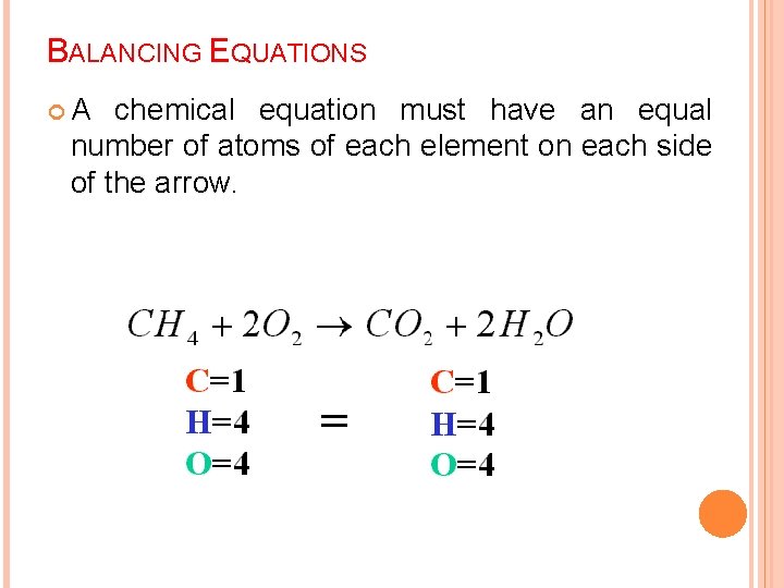 BALANCING EQUATIONS A chemical equation must have an equal number of atoms of each