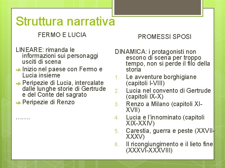 Struttura narrativa FERMO E LUCIA PROMESSI SPOSI LINEARE: rimanda le informazioni sui personaggi usciti