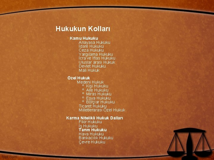 Hukukun Kolları Kamu Hukuku Anayasa Hukuku İdare Hukuku Ceza Hukuku Yargılama Hukuku İcra ve