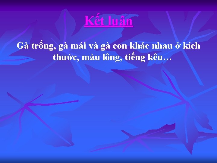 Kết luận Gà trống, gà mái và gà con khác nhau ở kích thước,