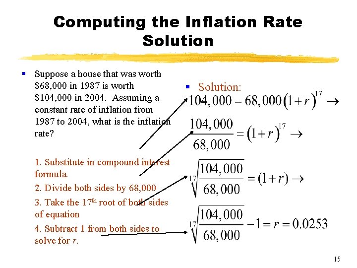 Computing the Inflation Rate Solution § Suppose a house that was worth $68, 000