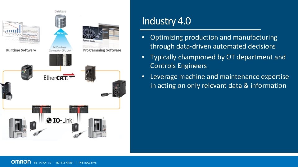 Industry 4. 0 • Optimizing production and manufacturing through data-driven automated decisions • Typically