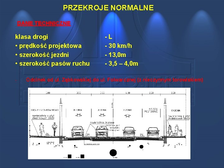 PRZEKROJE NORMALNE DANE TECHNICZNE klasa drogi • prędkość projektowa • szerokość jezdni • szerokość