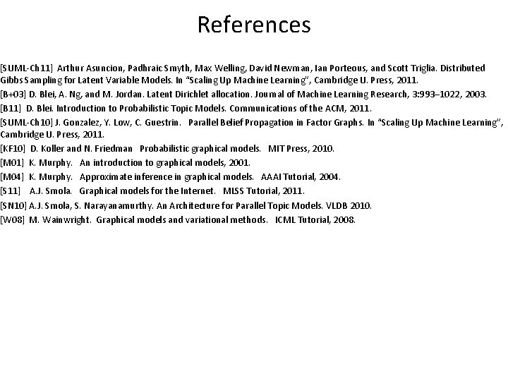 References [SUML-Ch 11] Arthur Asuncion, Padhraic Smyth, Max Welling, David Newman, Ian Porteous, and