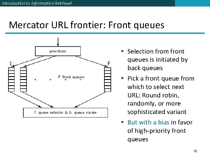 Introduction to Information Retrieval Mercator URL frontier: Front queues § Selection from front queues