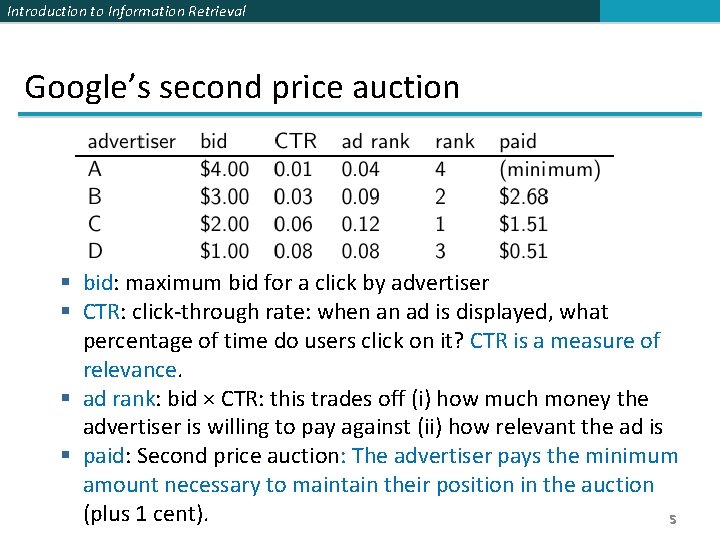 Introduction to Information Retrieval Google’s second price auction § bid: maximum bid for a