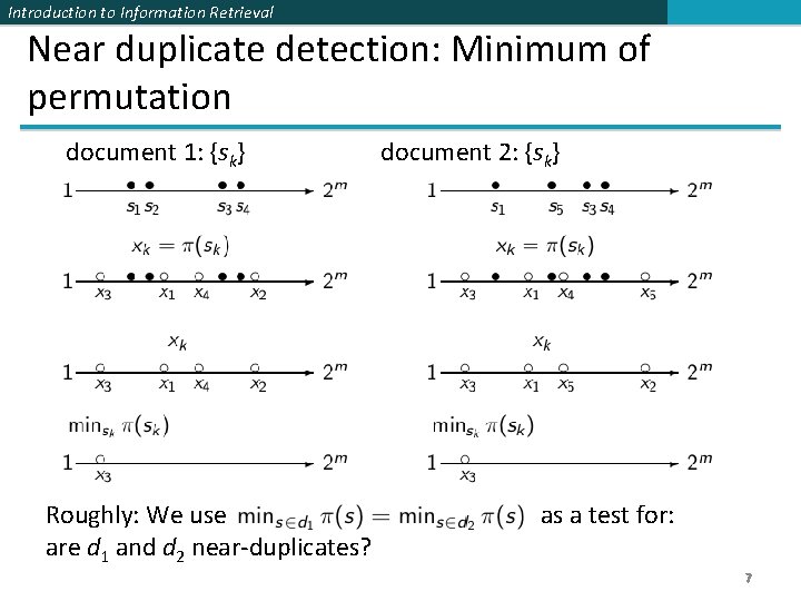 Introduction to Information Retrieval Near duplicate detection: Minimum of permutation document 1: {sk} Roughly: