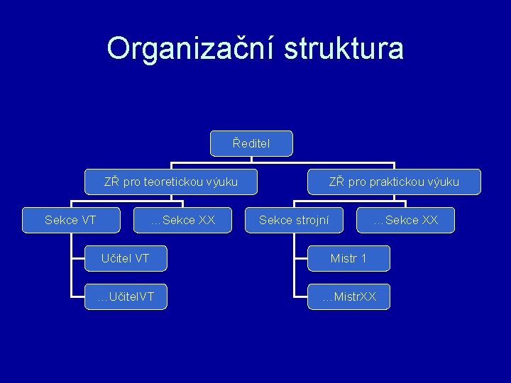 Organizační struktura Ředitel ZŘ pro teoretickou výuku Sekce VT …Sekce XX ZŘ pro praktickou