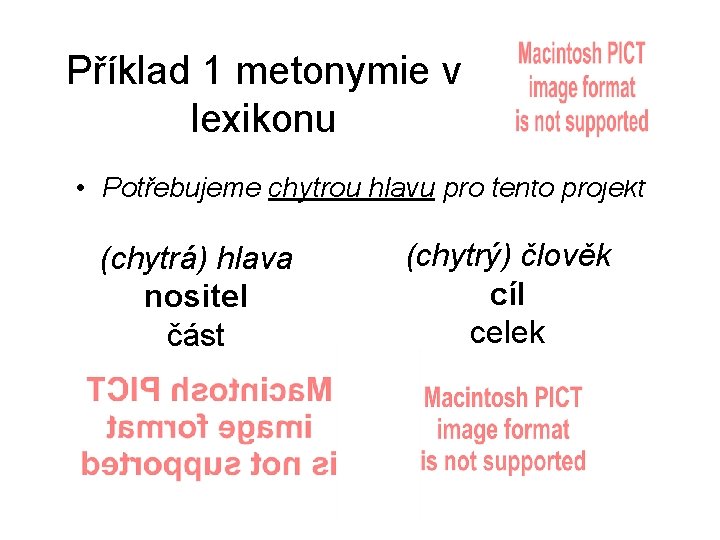 Příklad 1 metonymie v lexikonu • Potřebujeme chytrou hlavu pro tento projekt (chytrá) hlava