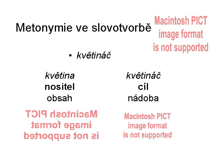 Metonymie ve slovotvorbě • květináč květina nositel obsah květináč cíl nádoba 