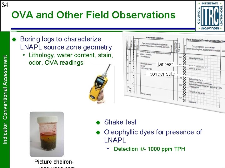 34 OVA and Other Field Observations Indicator: Conventional Assessment u Boring logs to characterize