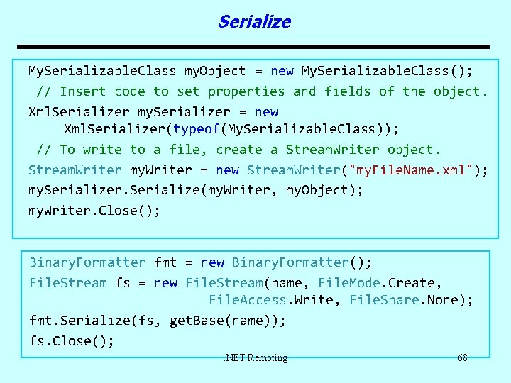 Serialize My. Serializable. Class my. Object = new My. Serializable. Class(); // Insert code