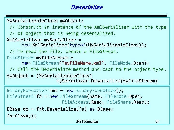 Deserialize My. Serializable. Class my. Object; // Construct an instance of the Xml. Serializer