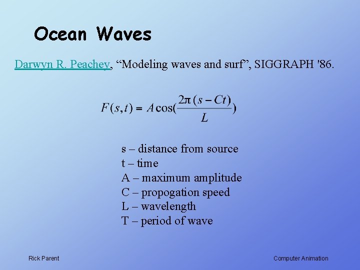 Ocean Waves Darwyn R. Peachey, “Modeling waves and surf”, SIGGRAPH '86. s – distance