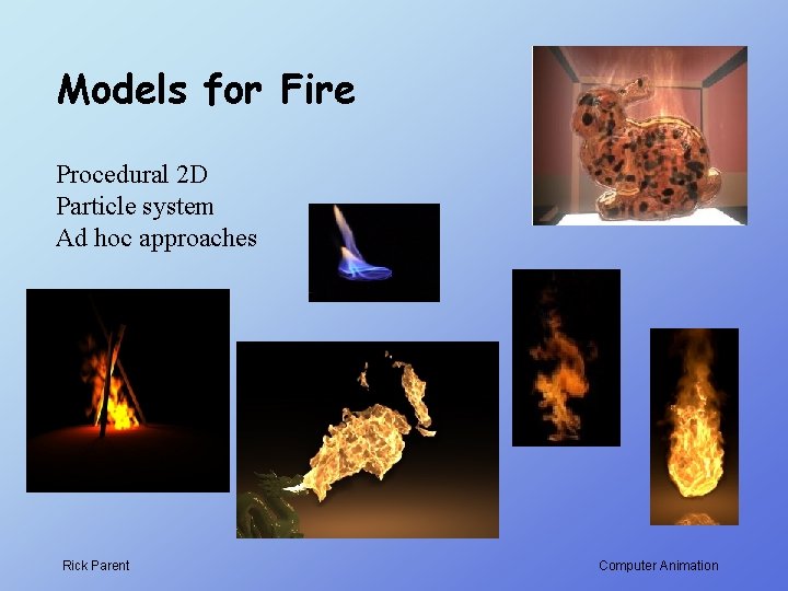 Models for Fire Procedural 2 D Particle system Ad hoc approaches Rick Parent Computer