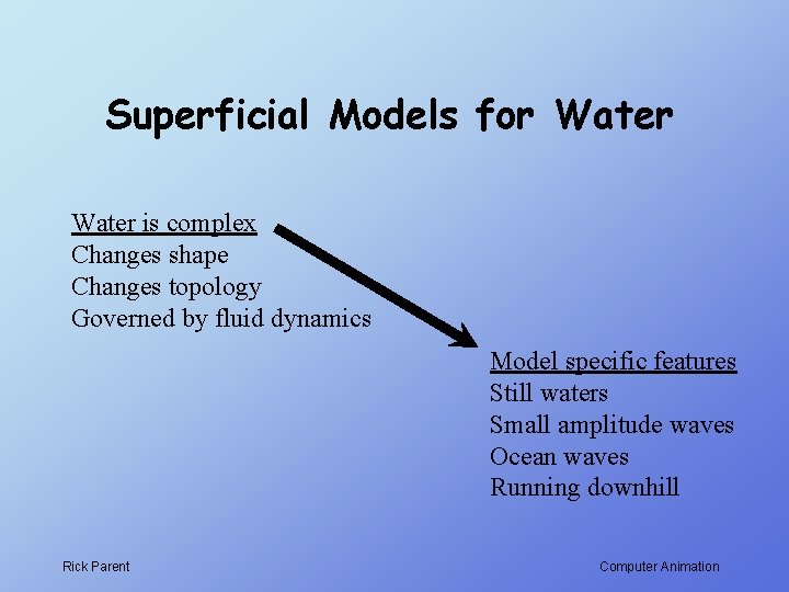 Superficial Models for Water is complex Changes shape Changes topology Governed by fluid dynamics