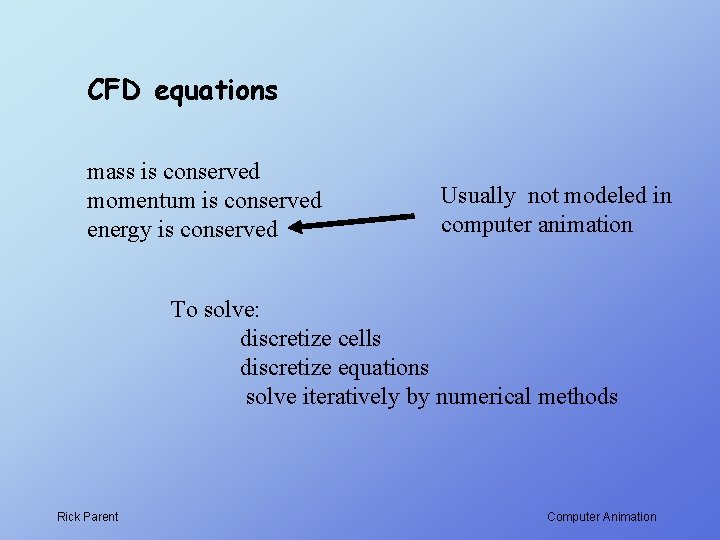 CFD equations mass is conserved momentum is conserved energy is conserved Usually not modeled