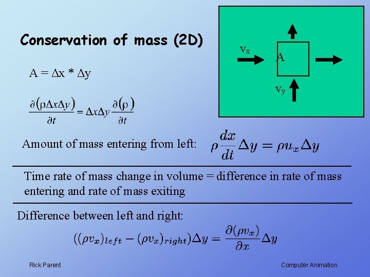 Conservation of mass (2 D) vx A A = Δx * Δy vy Amount