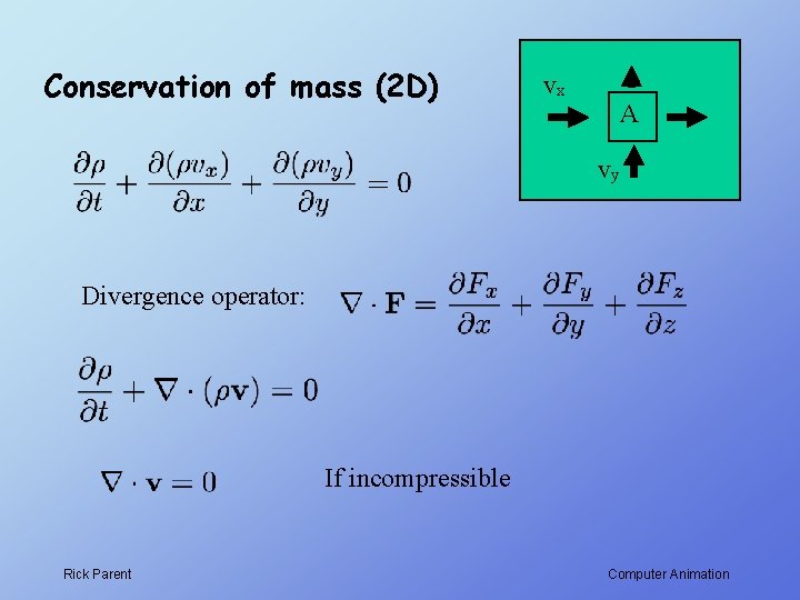 Conservation of mass (2 D) vx A vy Divergence operator: If incompressible Rick Parent