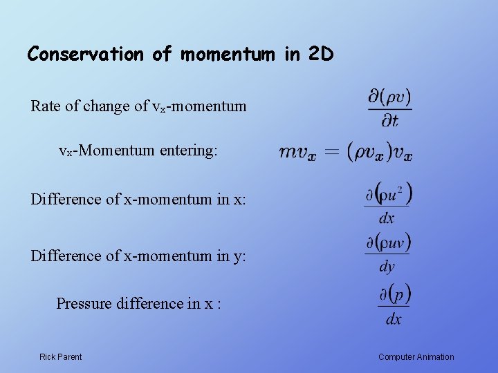 Conservation of momentum in 2 D Rate of change of vx-momentum vx-Momentum entering: Difference