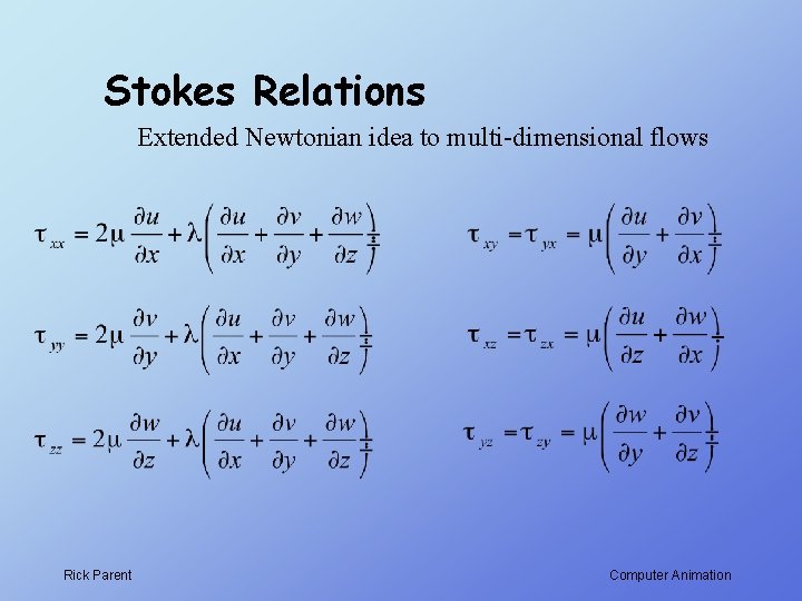 Stokes Relations Extended Newtonian idea to multi-dimensional flows Rick Parent Computer Animation 