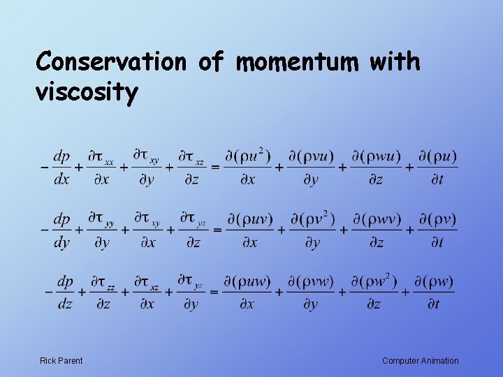 Conservation of momentum with viscosity Rick Parent Computer Animation 