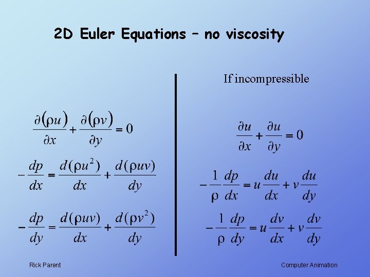 2 D Euler Equations – no viscosity If incompressible Rick Parent Computer Animation 