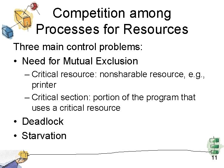 Competition among Processes for Resources Three main control problems: • Need for Mutual Exclusion
