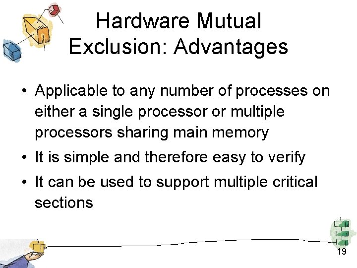 Hardware Mutual Exclusion: Advantages • Applicable to any number of processes on either a