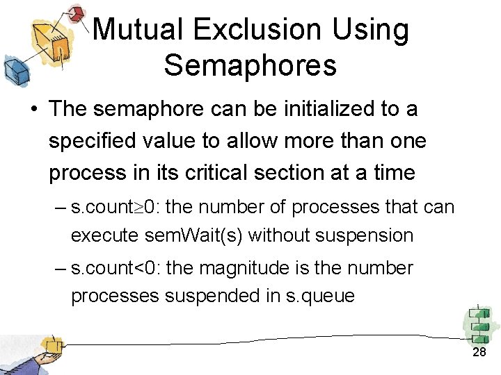 Mutual Exclusion Using Semaphores • The semaphore can be initialized to a specified value