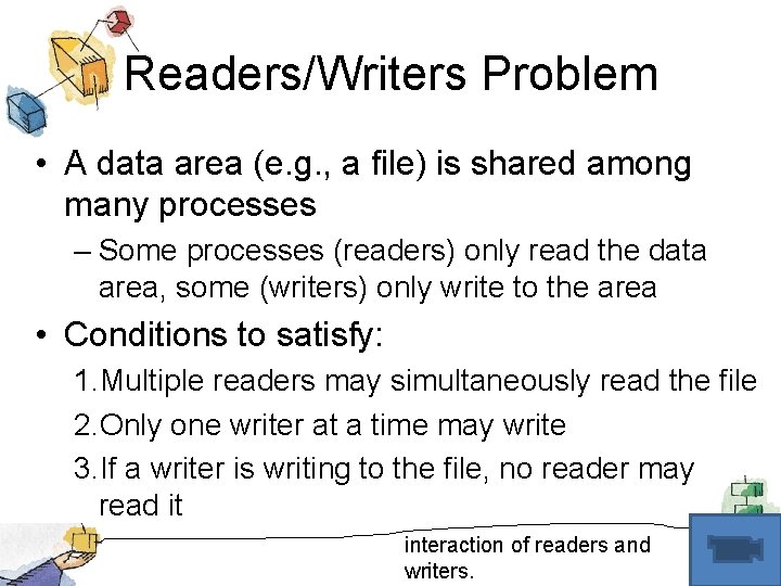 Readers/Writers Problem • A data area (e. g. , a file) is shared among