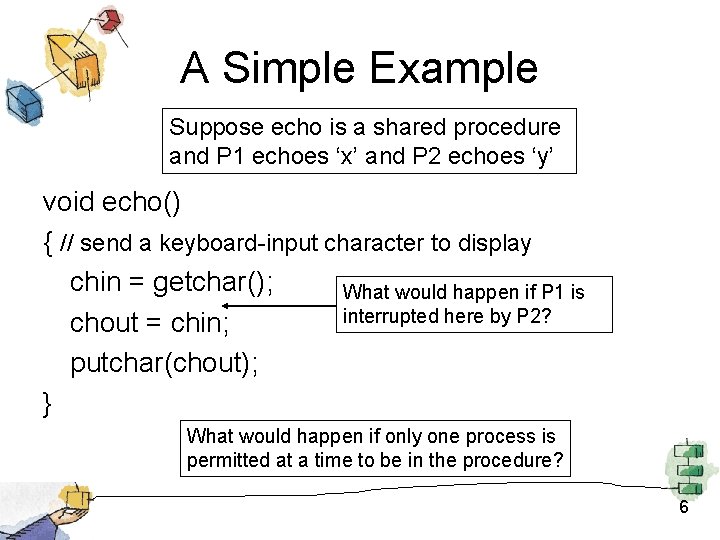 A Simple Example Suppose echo is a shared procedure and P 1 echoes ‘x’