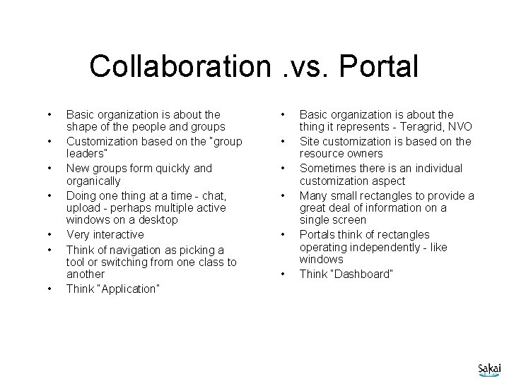 Collaboration. vs. Portal • • Basic organization is about the shape of the people