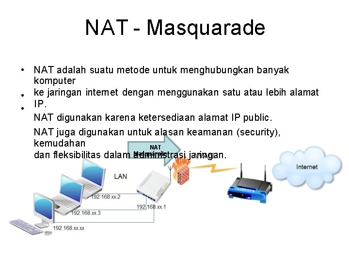 NAT - Masquarade • • • NAT adalah suatu metode untuk menghubungkan banyak komputer