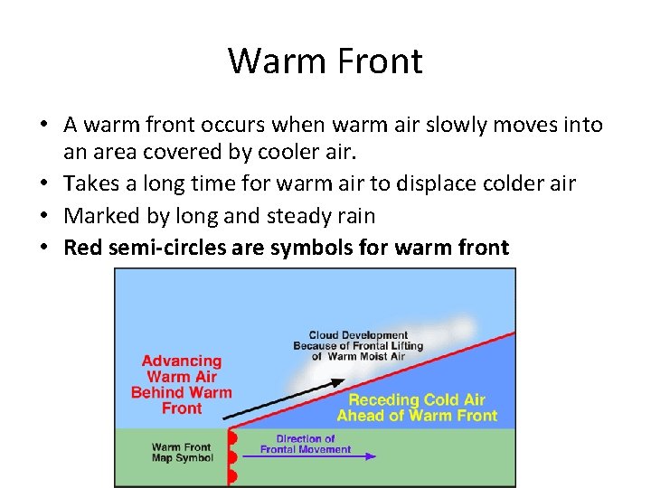 Warm Front • A warm front occurs when warm air slowly moves into an