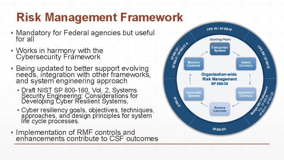 Risk Management Framework ▪ Mandatory for Federal agencies but useful for all ▪ Works