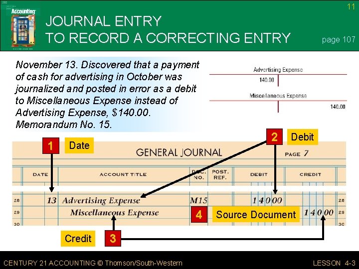 11 JOURNAL ENTRY TO RECORD A CORRECTING ENTRY page 107 November 13. Discovered that